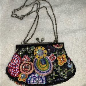 Ziba Vintage Hand Beaded Floral Clutch Evening Bag Silk Black Luxury Floral